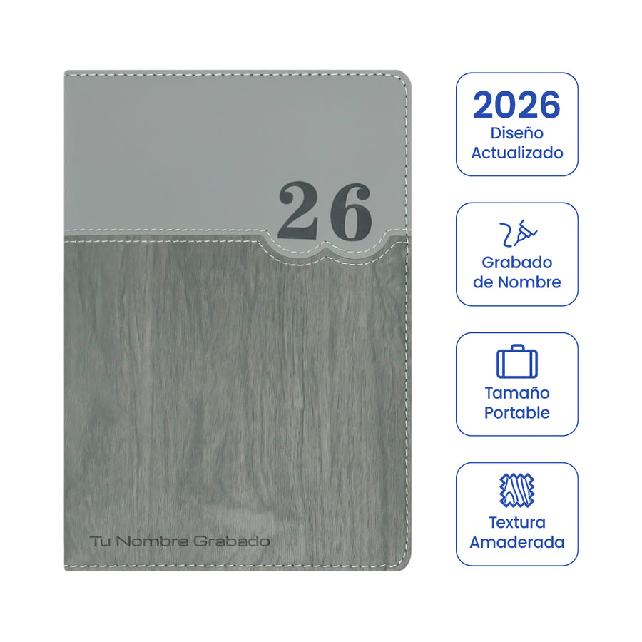 Cubierta de Agenda Ejecutiva 2026 Gris Amaderada (A5) + Grabado Personalizado.