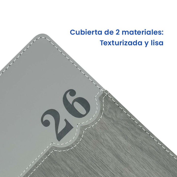 Cubierta de 2 materiales de Agenda Ejecutiva 2026 Gris Amaderada (A5) + Grabado Personalizado.