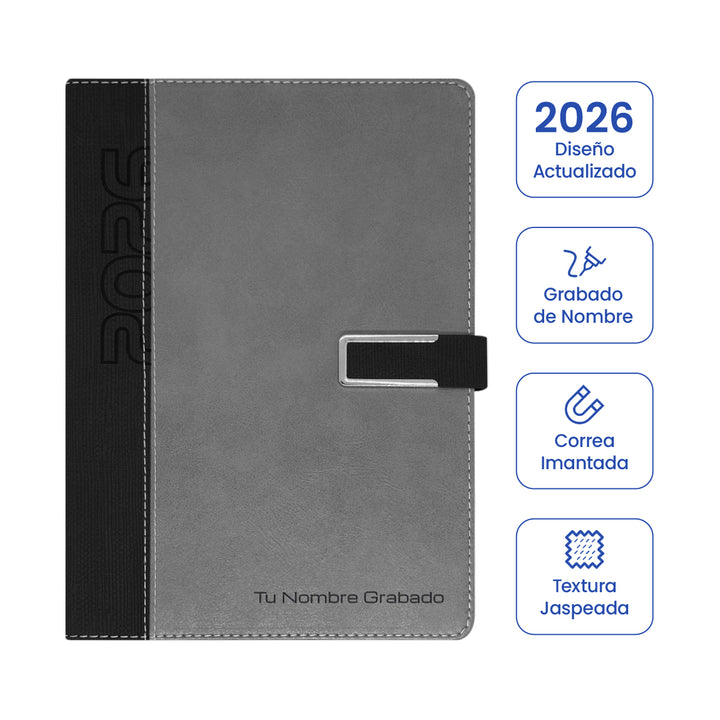 Cubierta de Agenda Ejecutiva 2026 Gris Jaspeada + Grabado Personalizado.