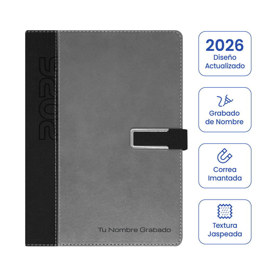 Cubierta de Agenda Ejecutiva 2026 Gris Jaspeada + Grabado Personalizado.