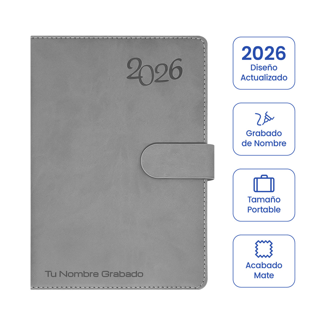 Cubierta de Agenda Ejecutiva 2026 Gris Mate (A5) + Grabado Personalizado.