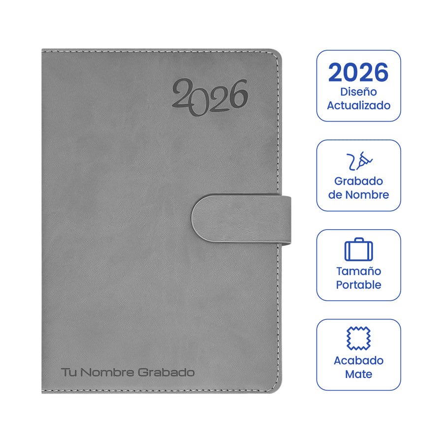 Cubierta de Agenda Ejecutiva 2026 Gris Mate (A5) + Grabado Personalizado.
