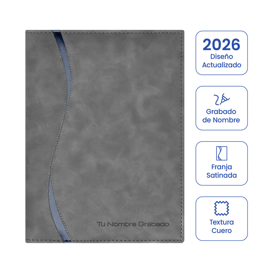 Cubierta de la Agenda Ejecutiva 2026  Gris Onda + Grabado Personalizado.