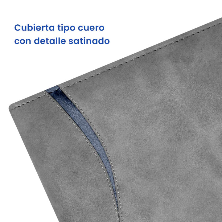 Detalle Satinado de Agenda Ejecutiva 2026 Gris Onda + Grabado Personalizado.
