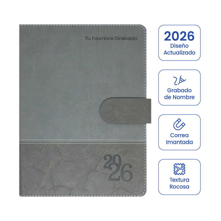 Cubierta de Agenda Ejecutiva 2026 Gris Rocosa + Grabado Personalizado.