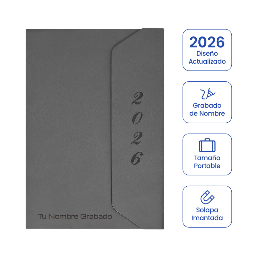Cubierta de Agenda Ejecutiva 2026 Gris Solapa (A5) + Grabado Personalizado.