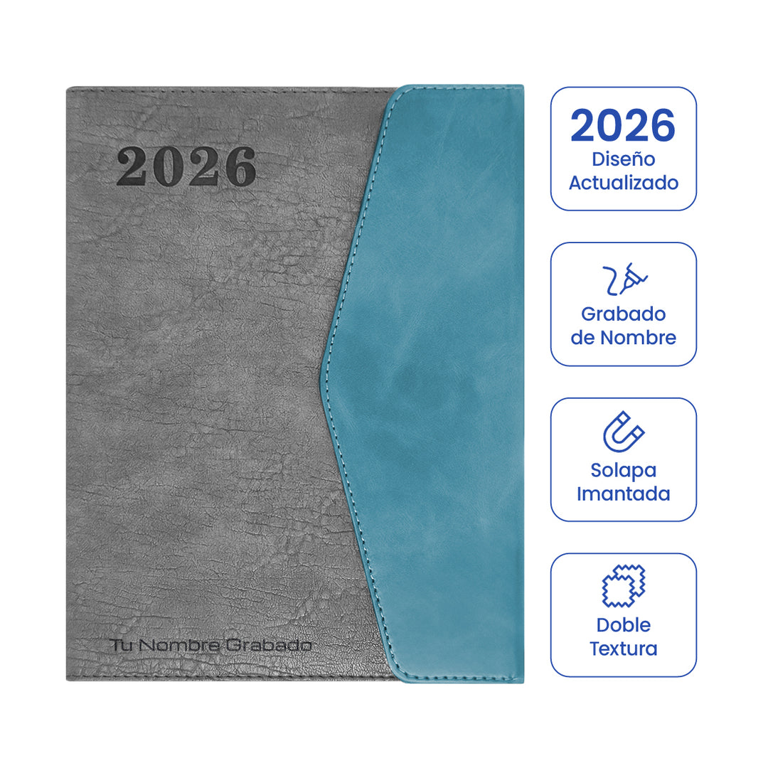 Cubierta de Agenda Ejecutiva 2026 Gris Solapa + Grabado Personalizado.