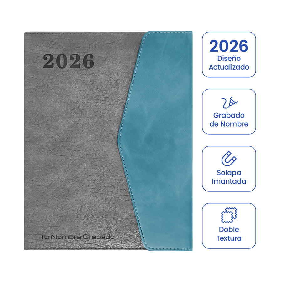 Cubierta de Agenda Ejecutiva 2026 Gris Solapa + Grabado Personalizado.