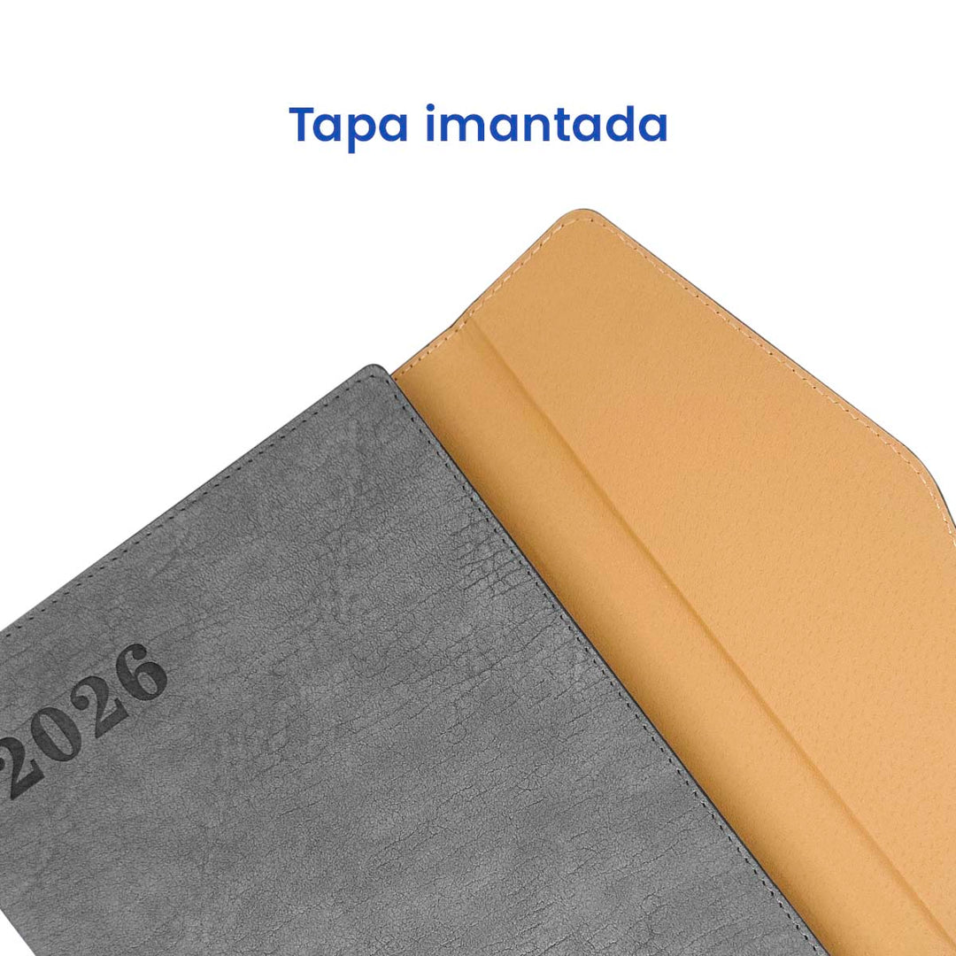 Tapa imantada de Agenda Ejecutiva 2026 Gris Solapa + Grabado Personalizado.