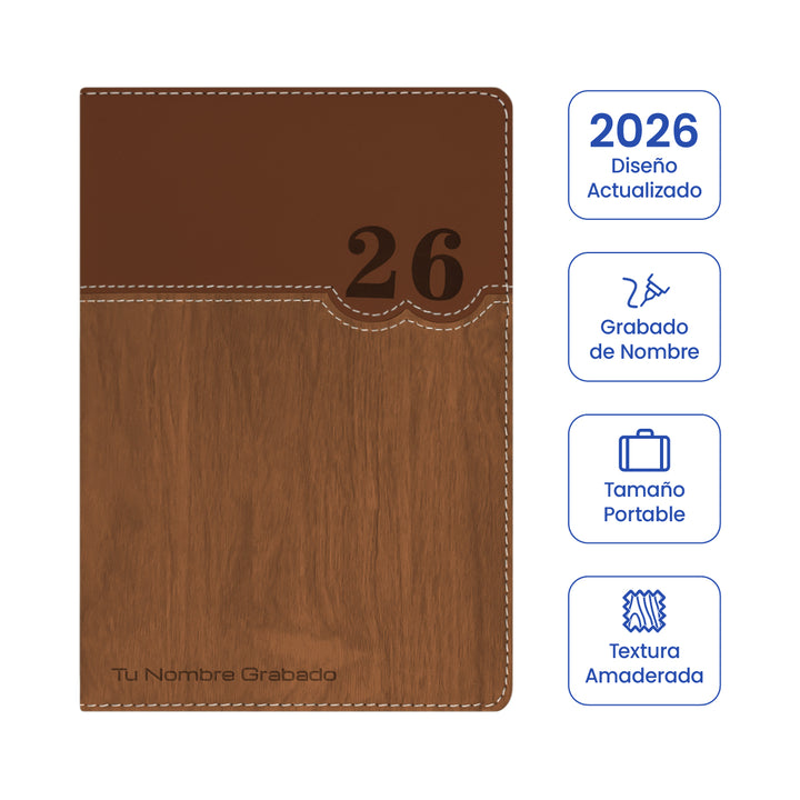 Cubierta de Agenda Ejecutiva 2026 Marrón Amaderada (A5) + Grabado Personalizado.