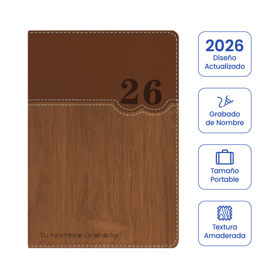 Cubierta de Agenda Ejecutiva 2026 Marrón Amaderada (A5) + Grabado Personalizado.