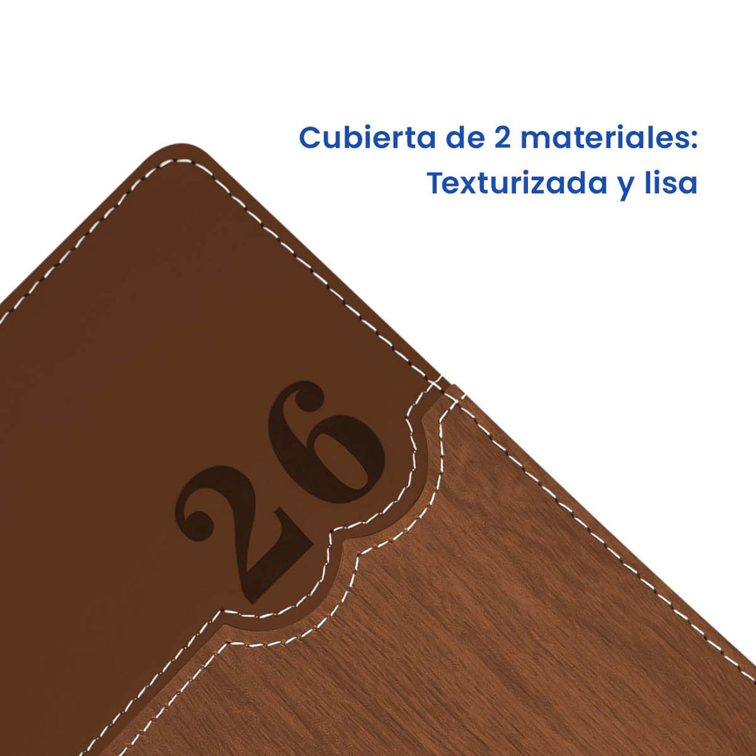 Cubierta de 2 materiales de Agenda Ejecutiva 2026 Marrón Amaderada (A5) + Grabado Personalizado.