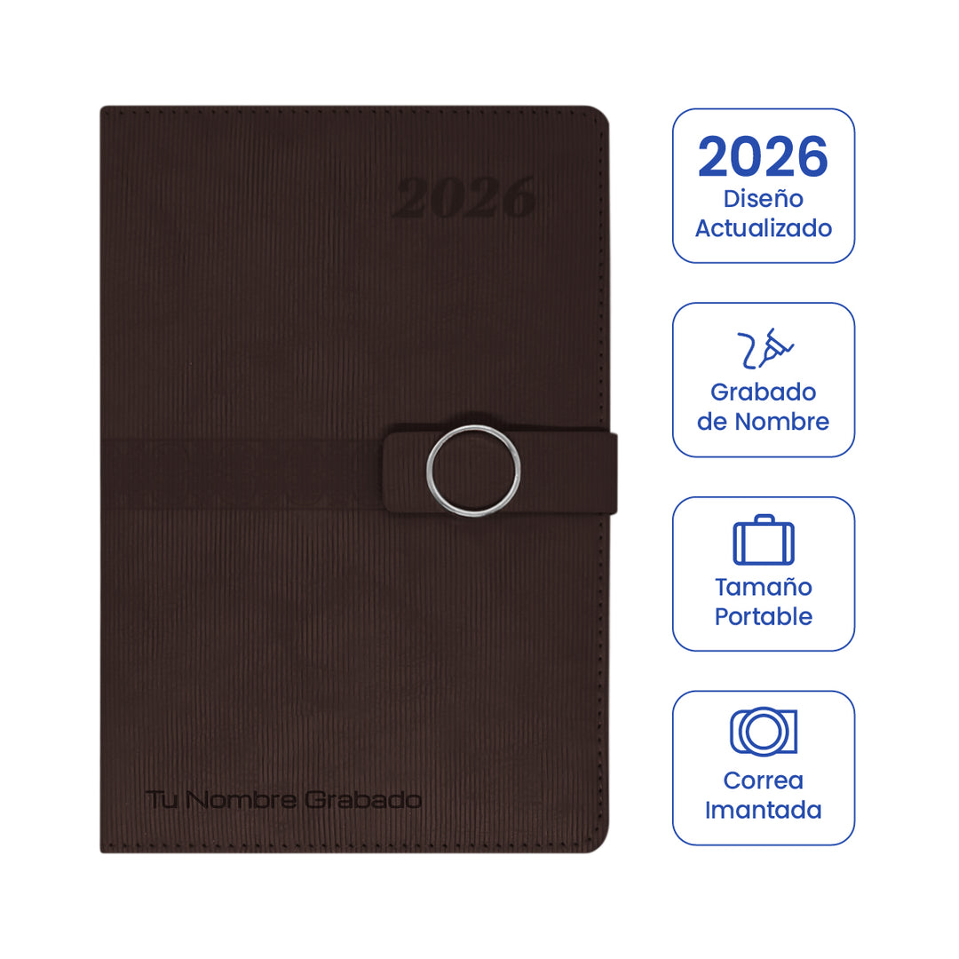 Cubierta de Agenda Ejecutiva 2026 Marrón Anillo (A5) + Grabado Personalizado.