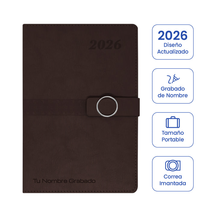 Cubierta de Agenda Ejecutiva 2026 Marrón Anillo (A5) + Grabado Personalizado.