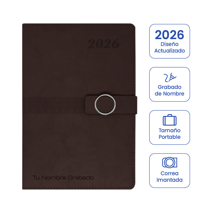 Cubierta de Agenda Ejecutiva 2026 Marrón Anillo (A5) + Grabado Personalizado.