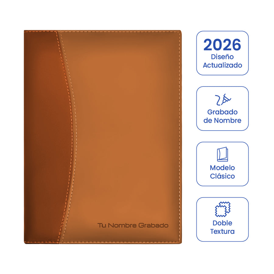 Cubierta de Agenda Ejecutiva 2026 Marrón Claro Clásica + Grabado Personalizado.
