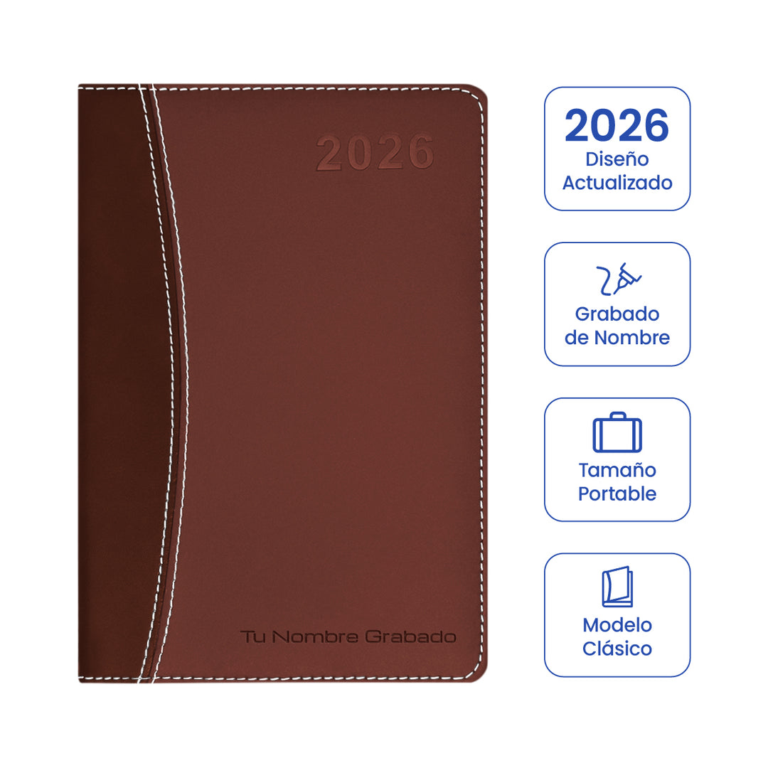 Cubierta de Agenda Ejecutiva 2026 Marrón Clásica (A5) + Grabado Personalizado.
