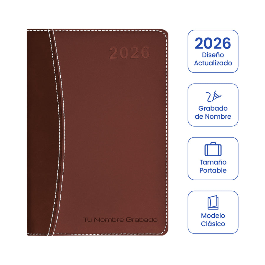 Cubierta de Agenda Ejecutiva 2026 Marrón Clásica (A5) + Grabado Personalizado.