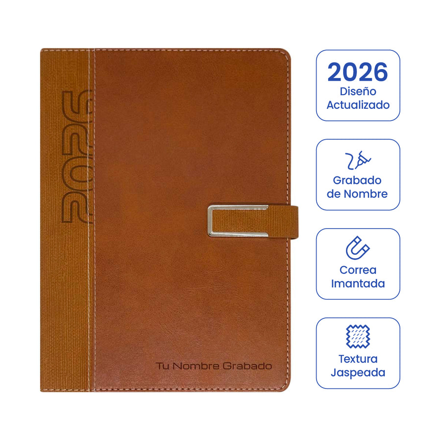 Cubierta de Agenda Ejecutiva 2026 Marrón Jaspeada + Grabado Personalizado.
