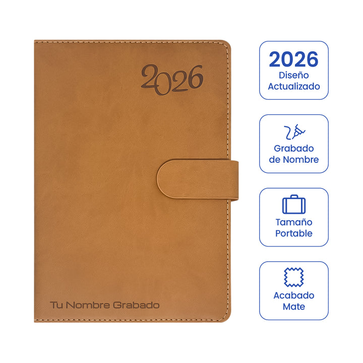 Cubierta de Agenda Ejecutiva 2026 Marrón Mate (A5) + Grabado Personalizado.