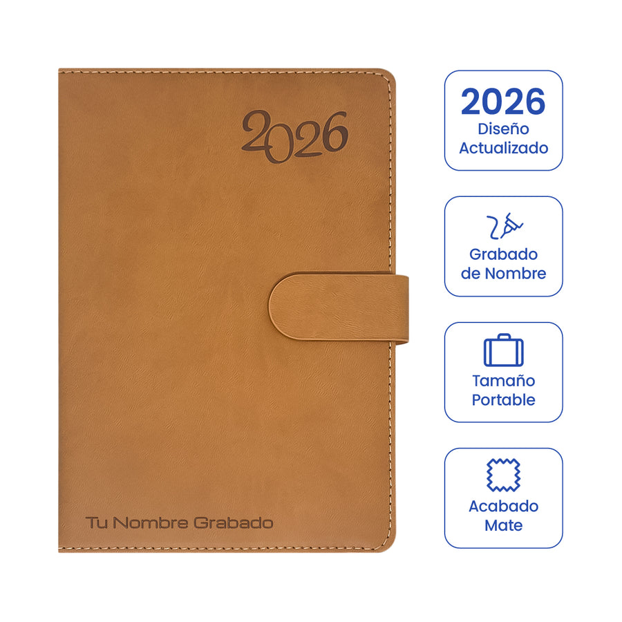 Cubierta de Agenda Ejecutiva 2026 Marrón Mate (A5) + Grabado Personalizado.