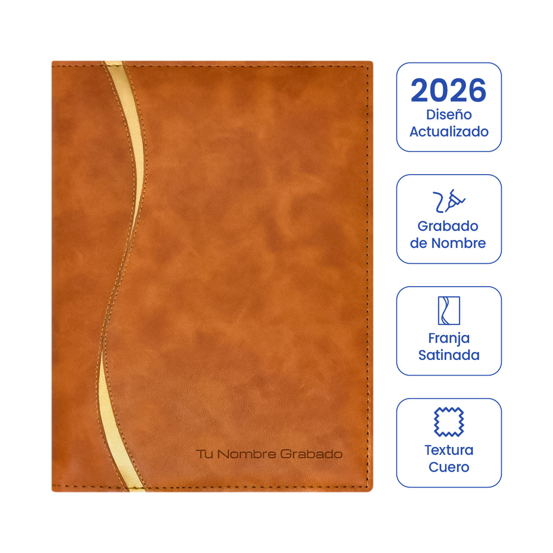 Cubierta de la Agenda Ejecutiva 2026 Marrón Onda + Grabado Personalizado.