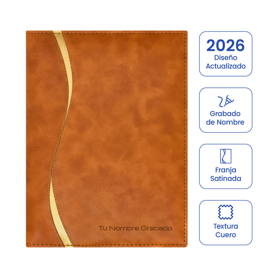 Cubierta de la Agenda Ejecutiva 2026 Marrón Onda + Grabado Personalizado.