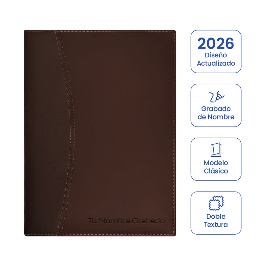 Cubierta de Agenda Ejecutiva 2026 Marrón Oscuro Clásica + Grabado Personalizado