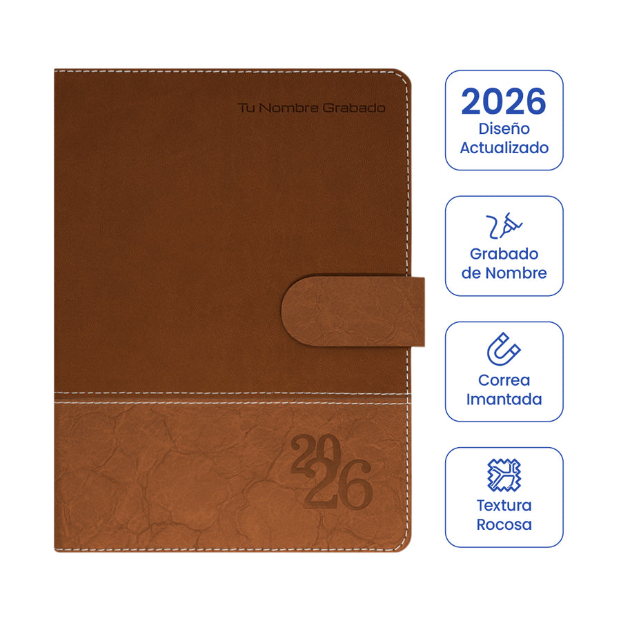 Cubierta de Agenda Ejecutiva 2026 Marrón Rocosa + Grabado Personalizado.
