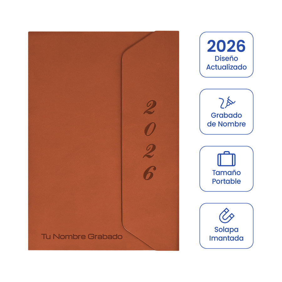 Cubierta de Agenda Ejecutiva 2026 Marrón Solapa (A5) + Grabado Personalizado.