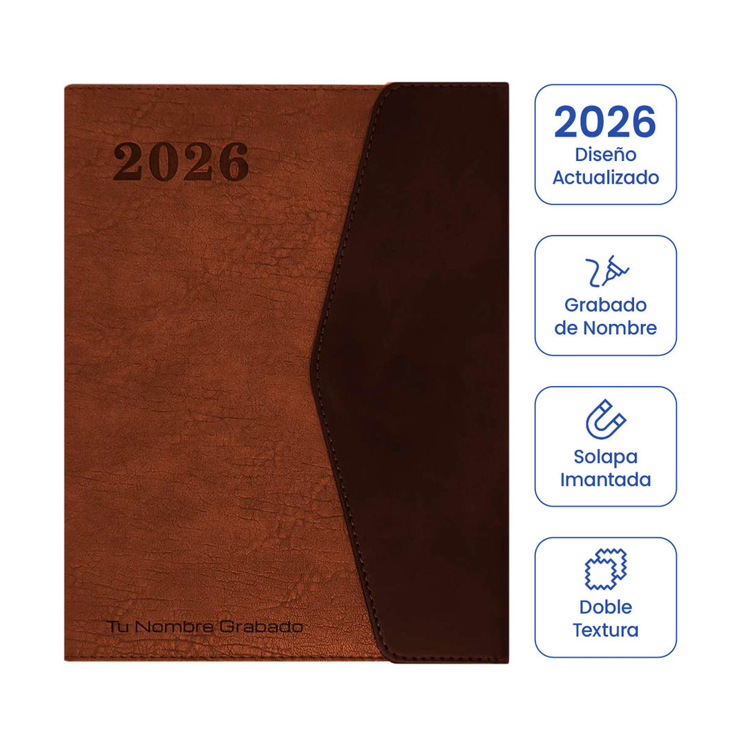 Cubierta de Agenda Ejecutiva 2026 Marrón Solapa + Grabado Personalizado.