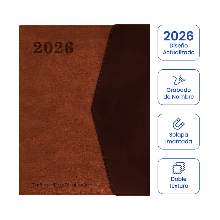Cubierta de Agenda Ejecutiva 2026 Marrón Solapa + Grabado Personalizado.