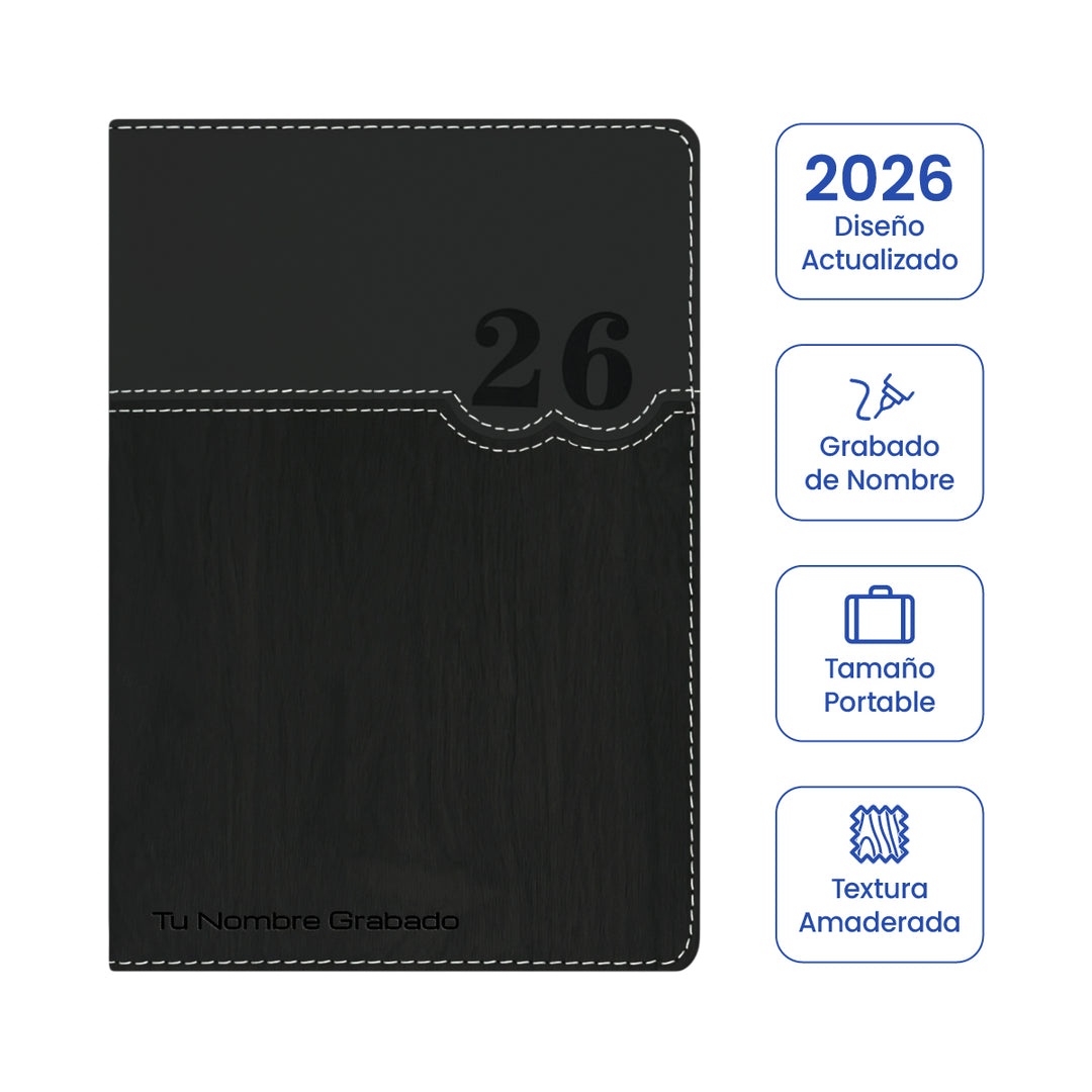 Cubierta de Agenda Ejecutiva 2026 Negra Amaderada (A5) + Grabado Personalizado.
