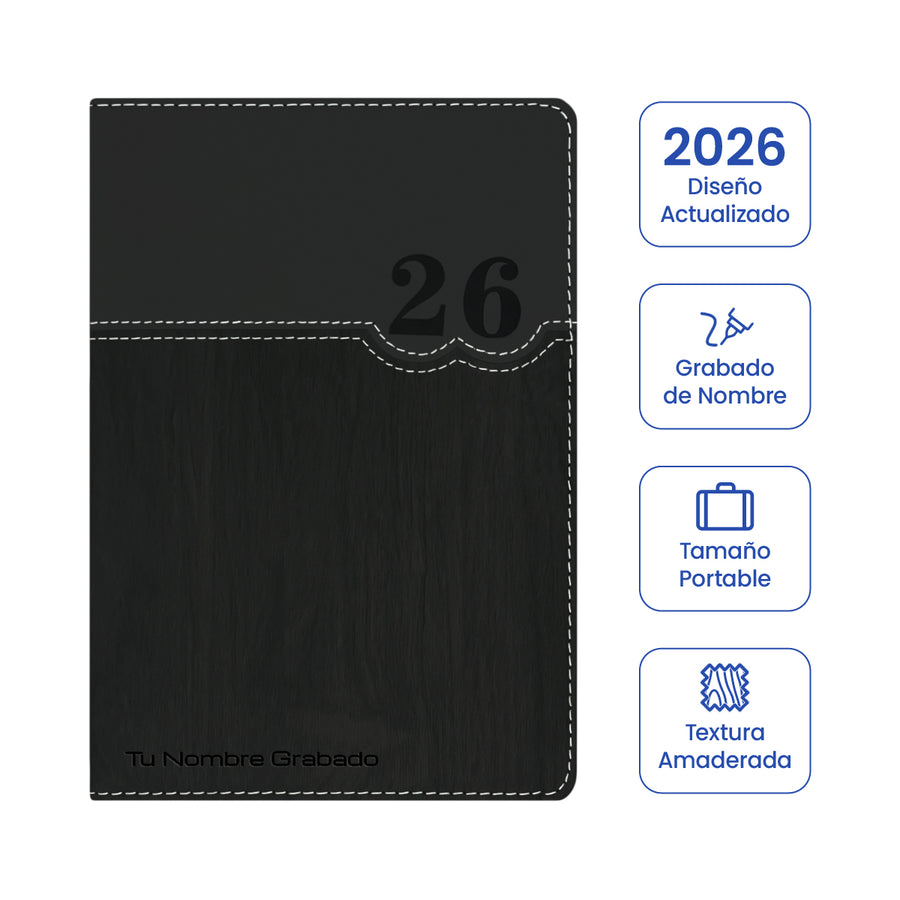 Cubierta de Agenda Ejecutiva 2026 Negra Amaderada (A5) + Grabado Personalizado.