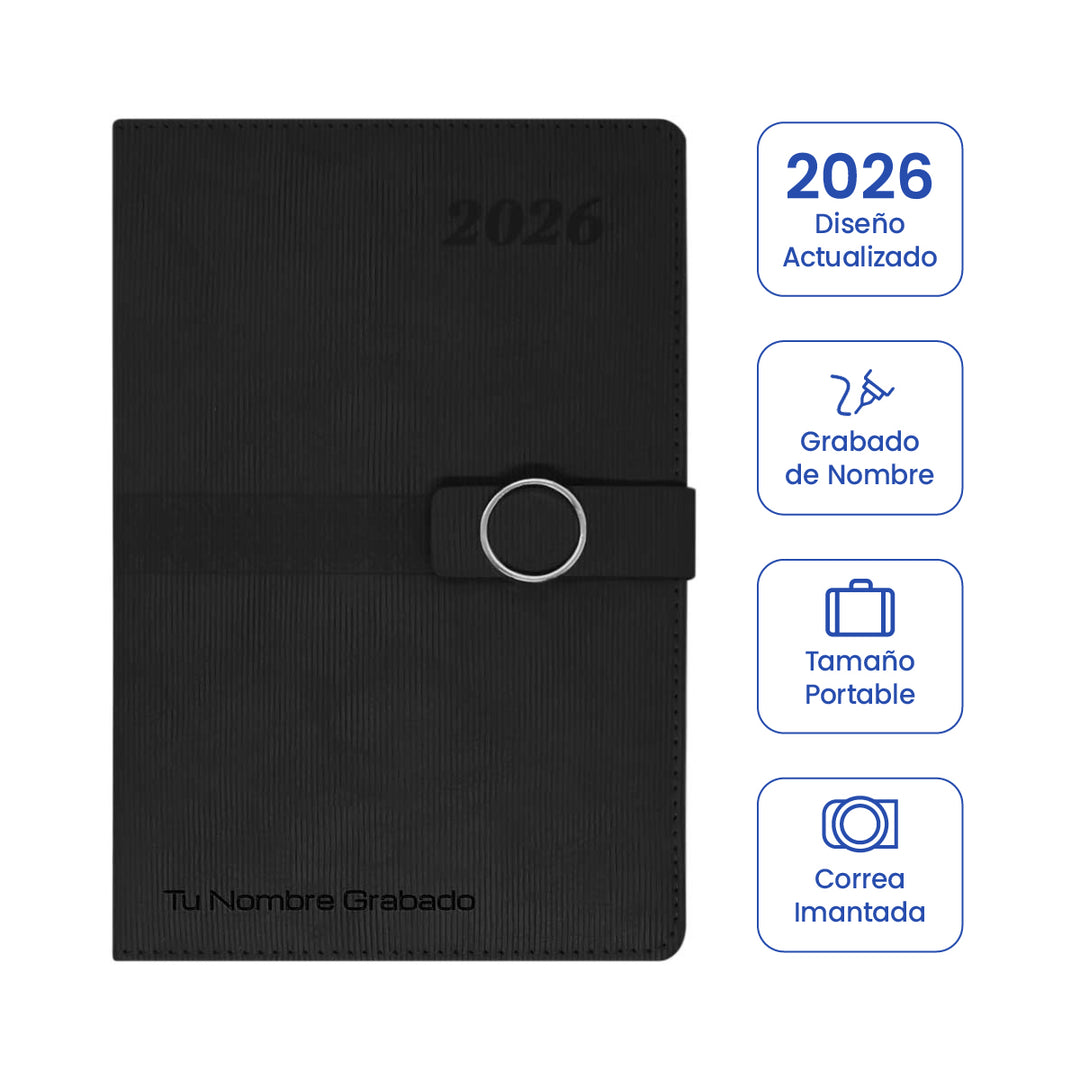 Cubierta de Agenda Ejecutiva 2026 Negra Anillo (A5) + Grabado Personalizado.