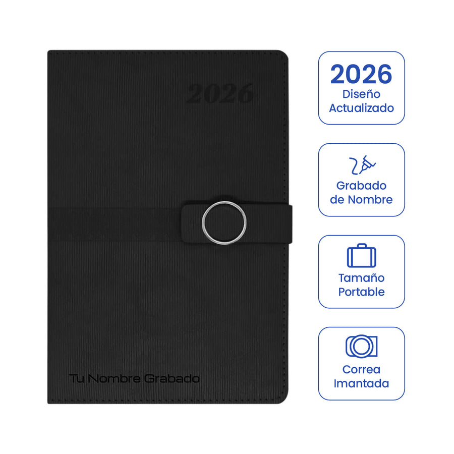 Cubierta de Agenda Ejecutiva 2026 Negra Anillo (A5) + Grabado Personalizado.