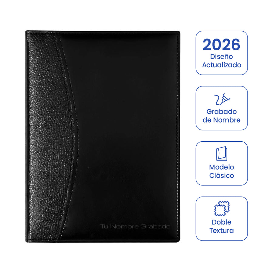 Cubierta de Agenda Ejecutiva 2026 Negra Clásica + Grabado Personalizado