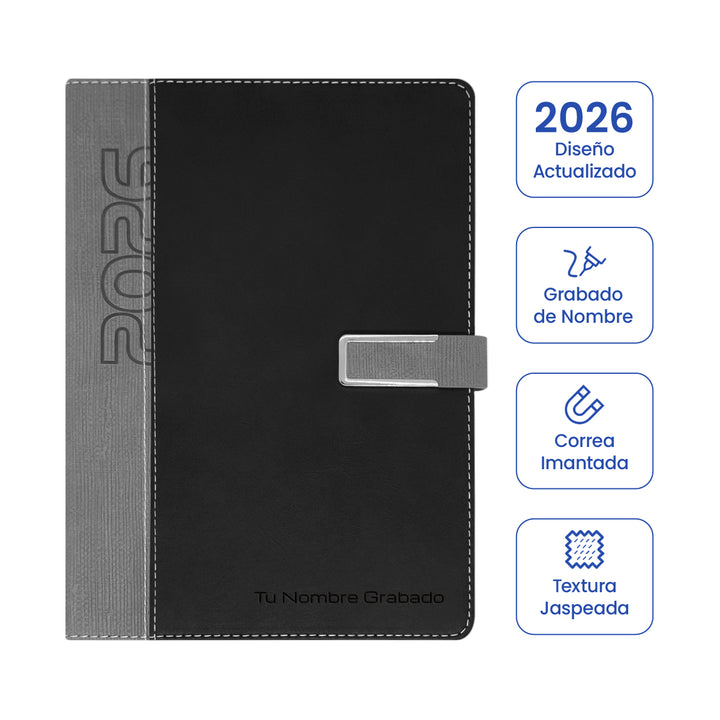 Cubierta de Agenda Ejecutiva 2026 Negra Jaspeada + Grabado Personalizado.