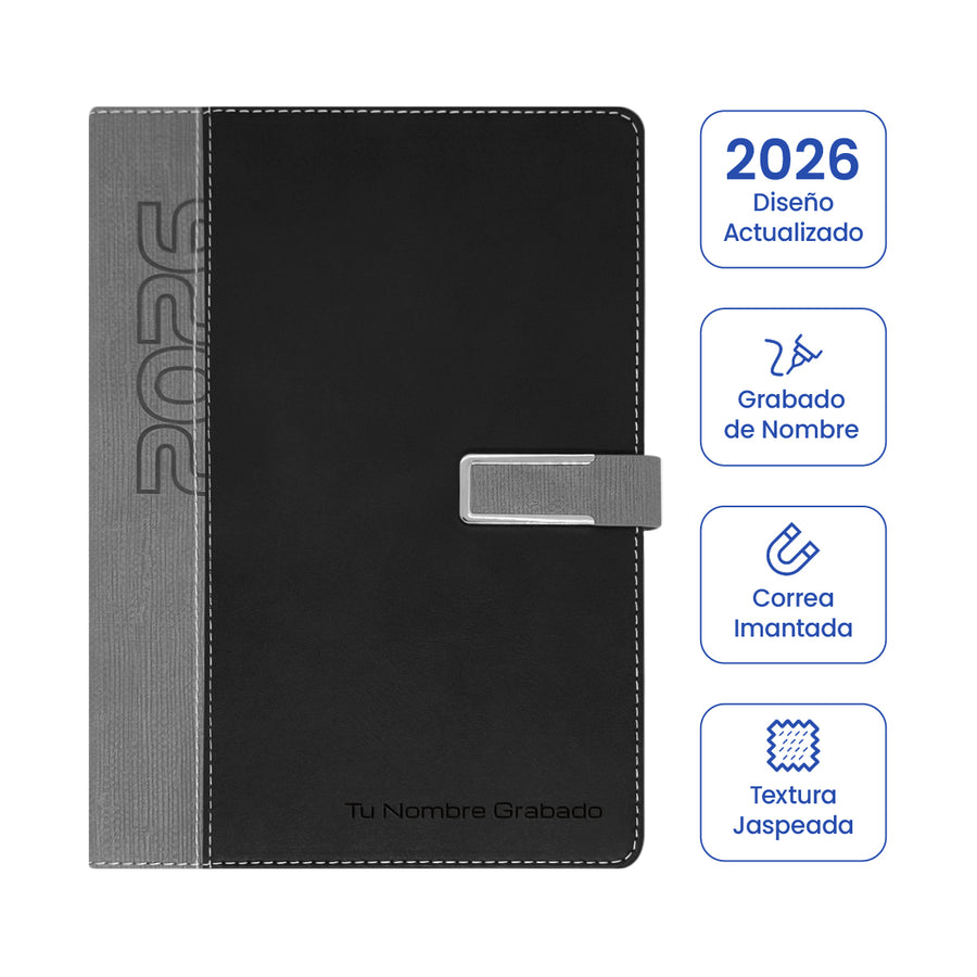 Cubierta de Agenda Ejecutiva 2026 Negra Jaspeada + Grabado Personalizado.
