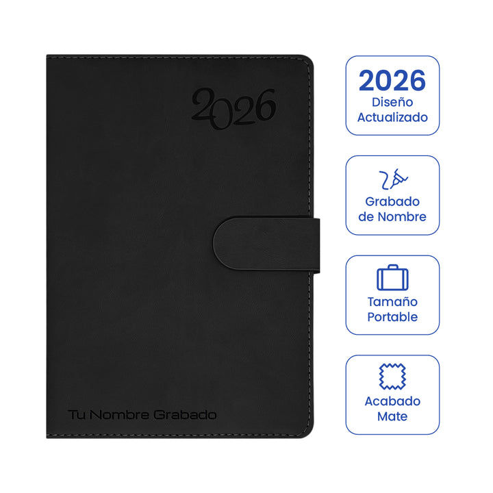 Cubierta de Agenda Ejecutiva 2026 Negra Mate (A5) + Grabado Personalizado.