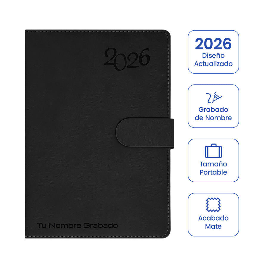 Cubierta de Agenda Ejecutiva 2026 Negra Mate (A5) + Grabado Personalizado.