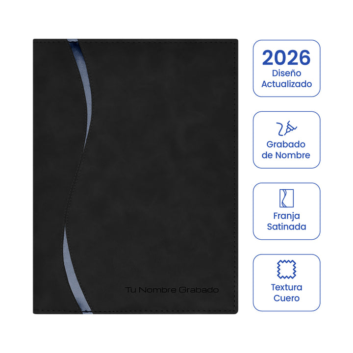Cubierta de la Agenda Ejecutiva 2026 Negra Onda + Grabado Personalizado.
