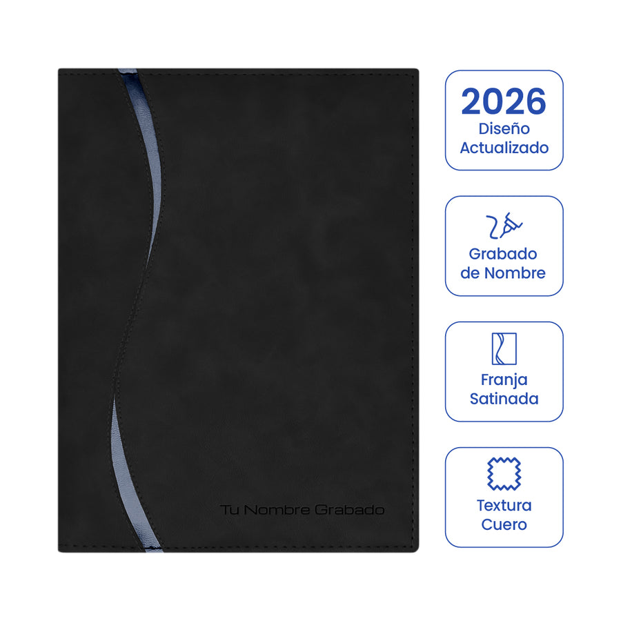 Cubierta de la Agenda Ejecutiva 2026 Negra Onda + Grabado Personalizado.