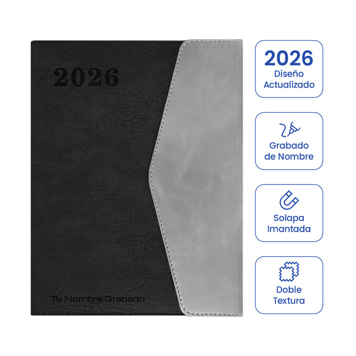 Cubierta de Agenda Ejecutiva 2026 Negra Solapa + Grabado Personalizado.