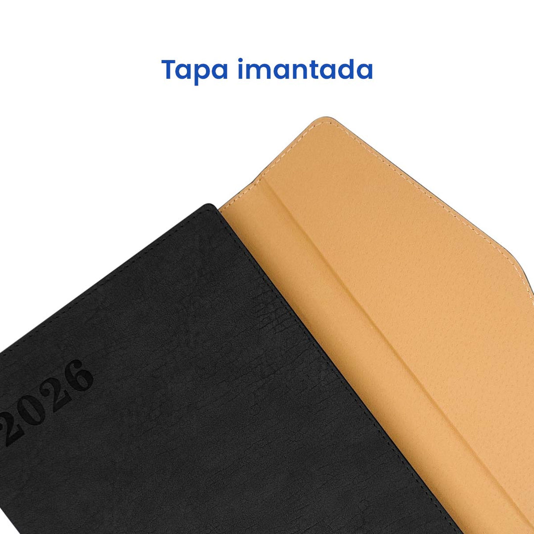 Tapa imantada de Agenda Ejecutiva 2026 Negra Solapa + Grabado Personalizado.