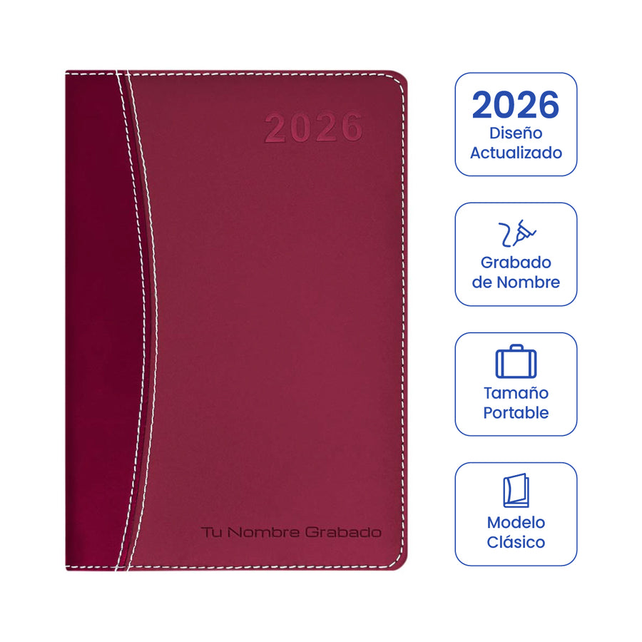 Cubierta de Agenda Ejecutiva 2026 Roja Clásica (A5) + Grabado Personalizado.