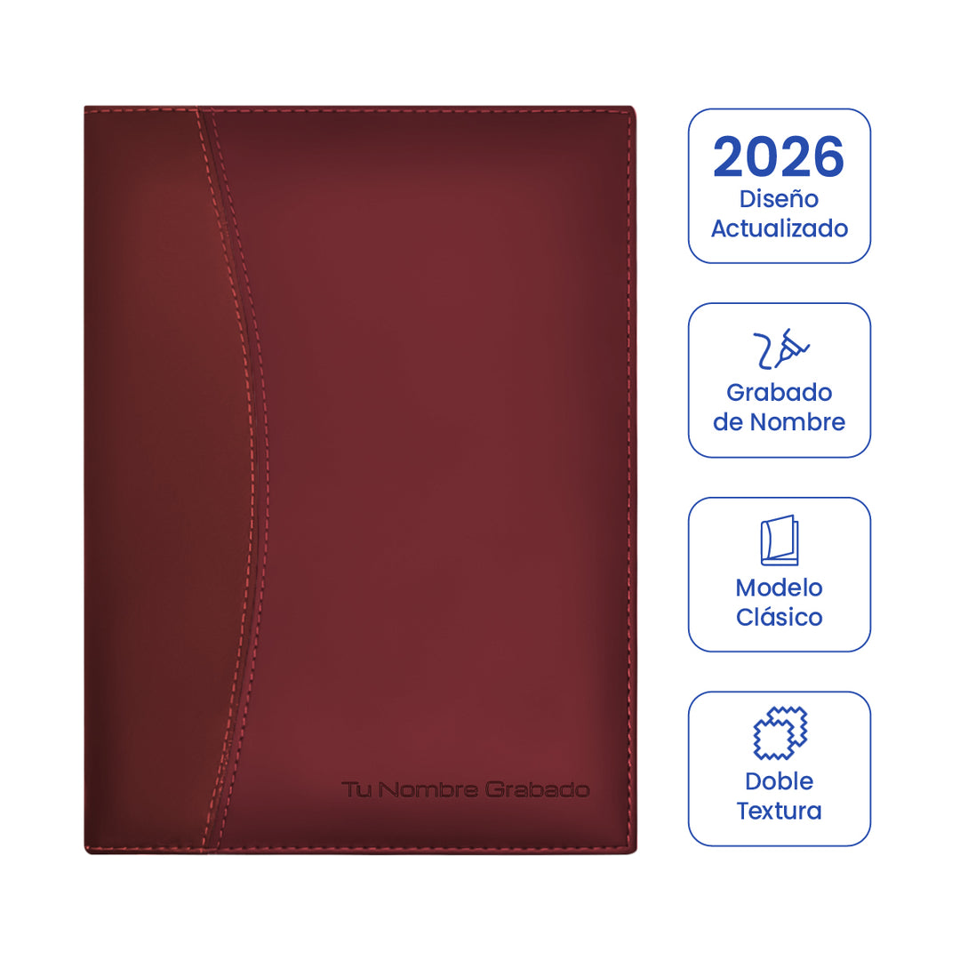 Cubierta de Agenda Ejecutiva 2026 Roja Clásica + Grabado Personalizado