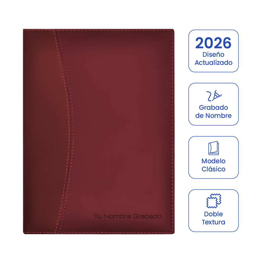 Cubierta de Agenda Ejecutiva 2026 Roja Clásica + Grabado Personalizado