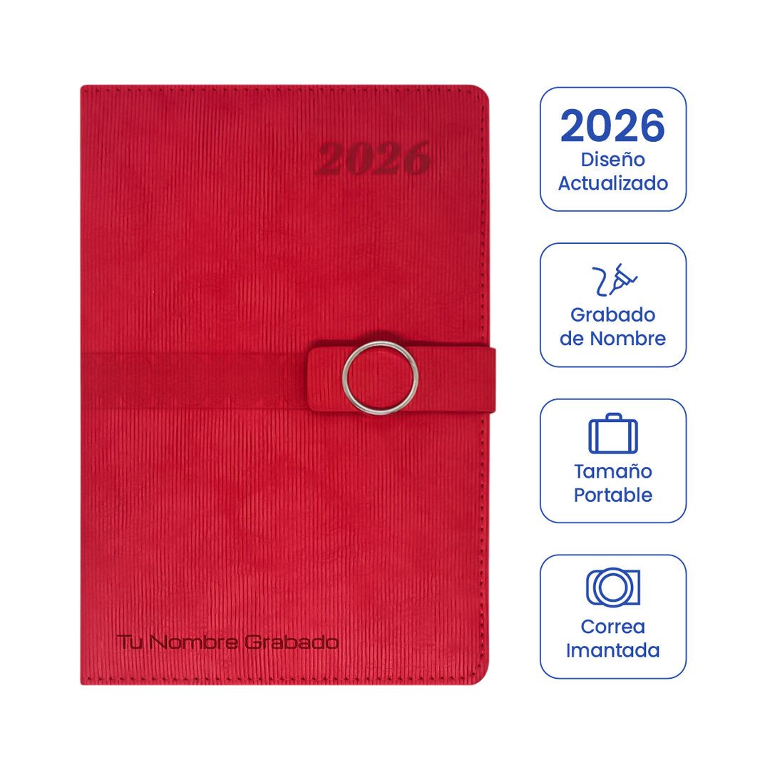 Cubierta de Agenda Ejecutiva 2026 Roja Anillo (A5) + Grabado Personalizado.