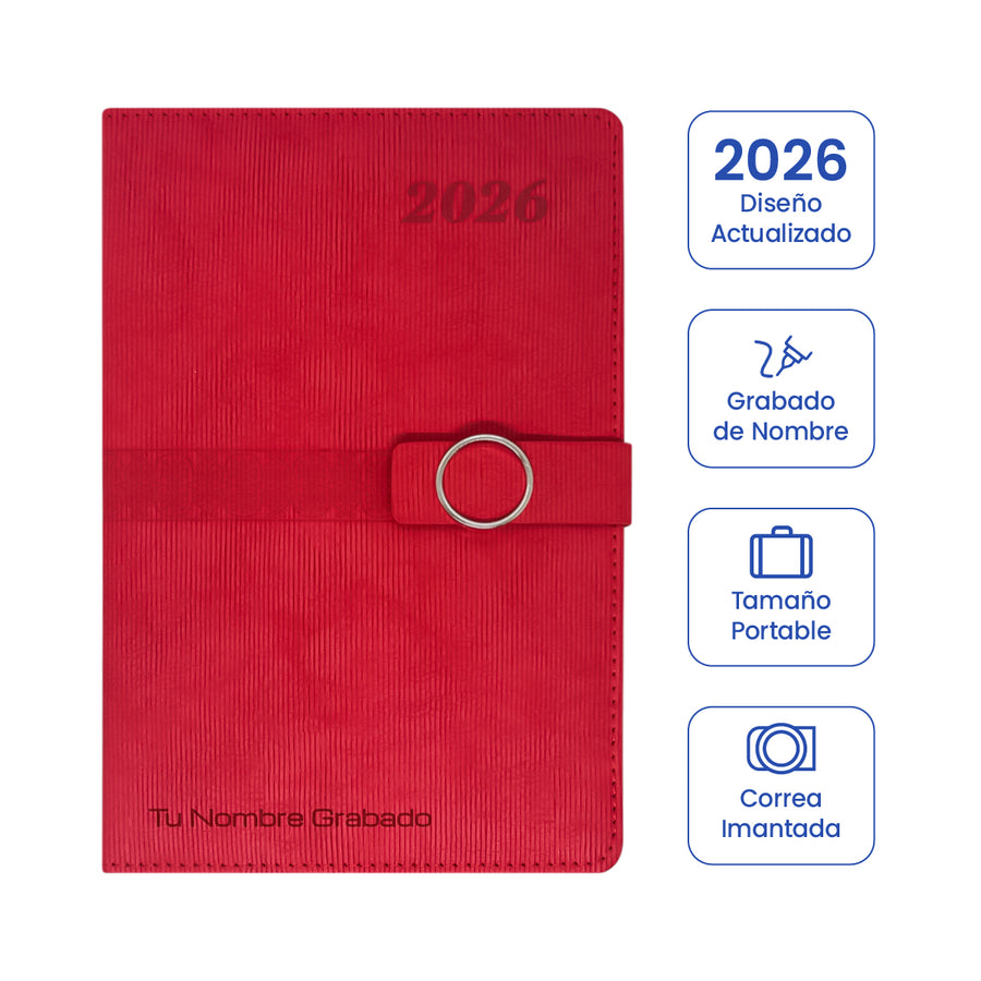 Cubierta de Agenda Ejecutiva 2026 Roja Anillo (A5) + Grabado Personalizado.